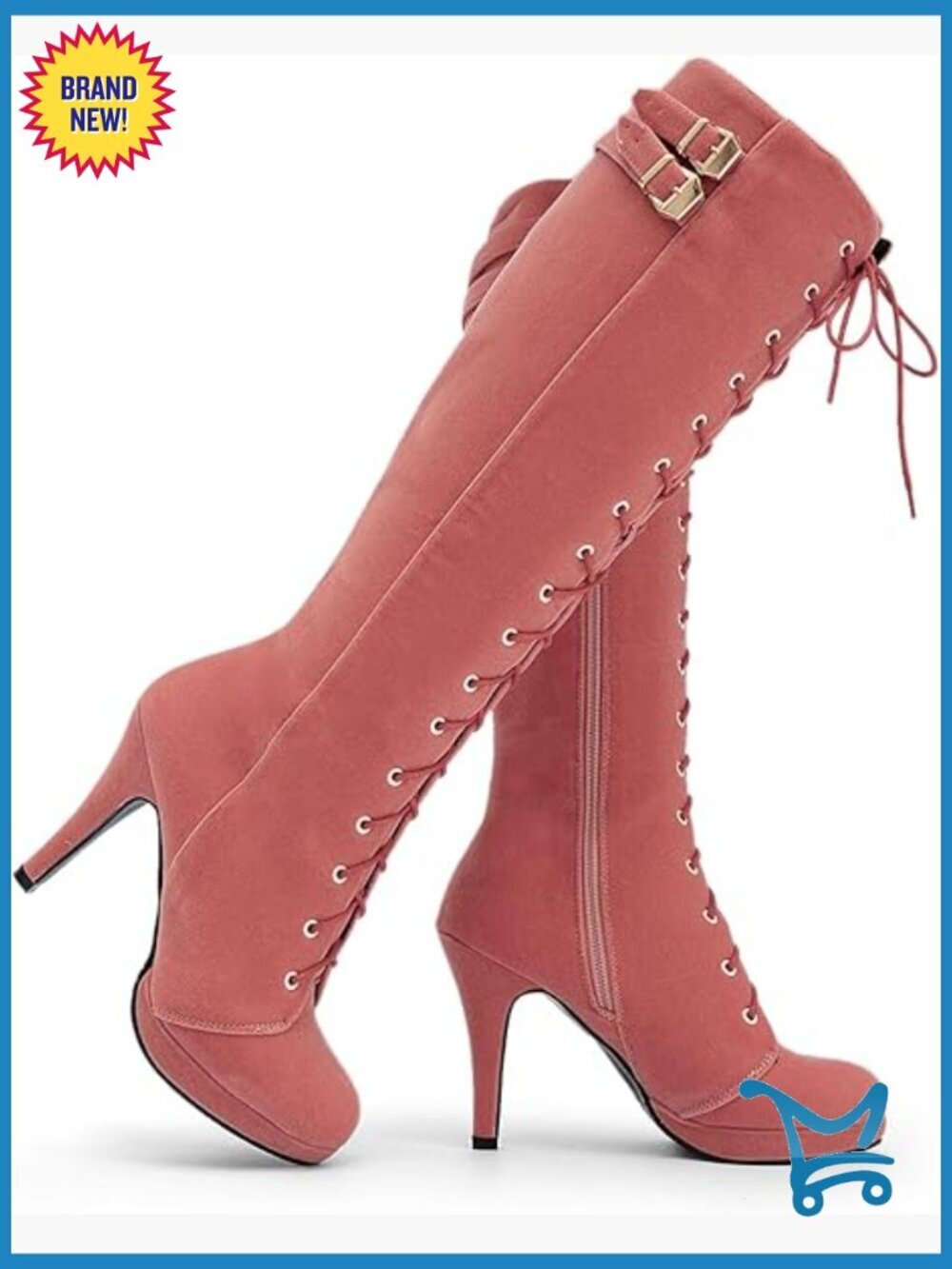 Knee High Boots Suede Lace Up Zipper Heeled Thigh High Dress Boots